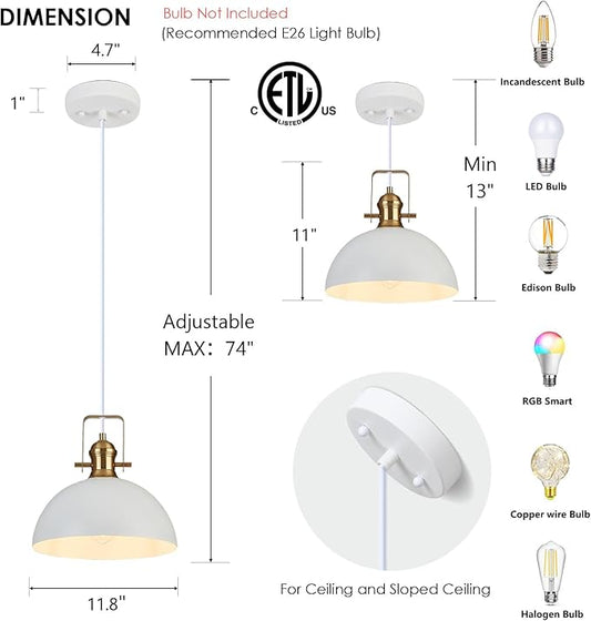 12 Inch Pendant Lights for Kitchen Island Matte White Farmhouse Pendant Light fixtures Adjustable Height Dome Hanging Light for Dinning Room Bedroom Hallway,3 Packs