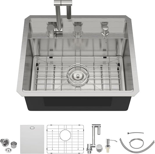 Outdoor Sink 21x18x9 Inch Undermount Bar Sink With Faucet and Cover 16 Gauge Stainless Steel Single Bowl Sinks with Folding Faucet Indoor Outdoor