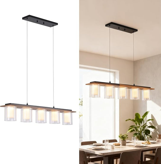 Kitchen Island Lighting, 35-Inch Linear Pendant Light with Double Glass Shades, Matte Black & Wood Grain Finish, 30W Integrated LED 3000K Modern Chandelier for Dining Room, Bar