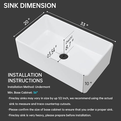 Farmhouse Sink, 33 Inch Large Undermount Kitchen Sink, 10" Deep Apron Front Farm Sinks, Ceramics White Single Bowl, Heavy Duty, Easy to Clean 33" x 20" x10"