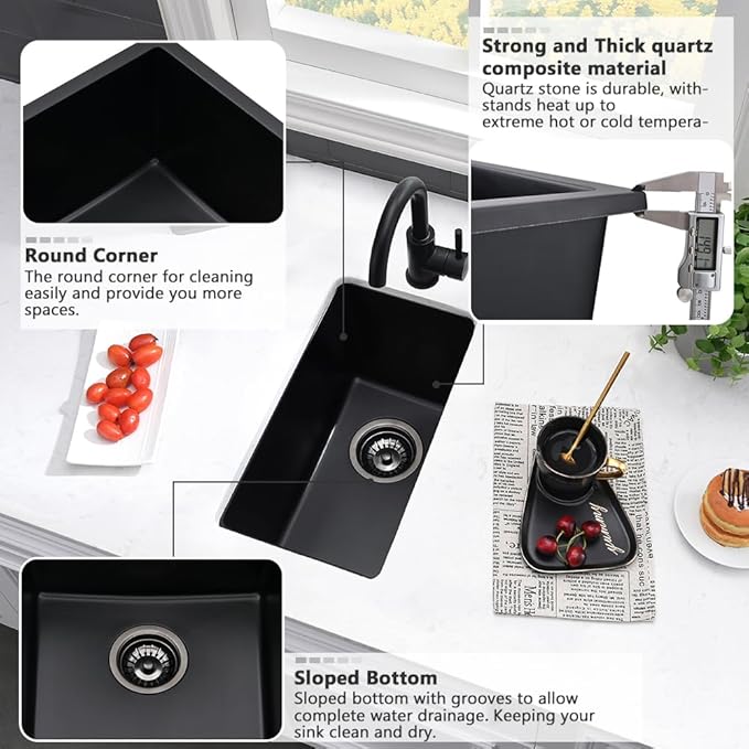 12 Inch Black Bar Sink Undermount-VASOYO 12x16 Rv Sink Kitchen Bar Sinks Black Quartz Composite Oudoor Single Bowl Deep Kitchen Sinks with Bottom Grid