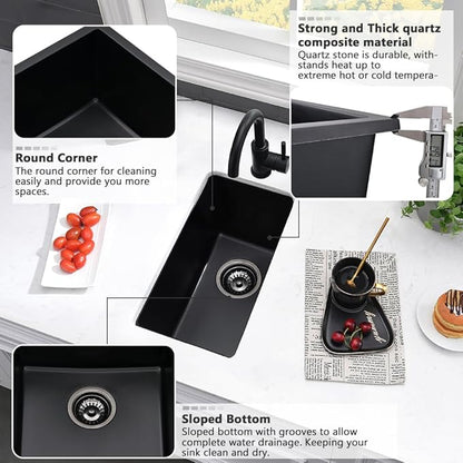 12 Inch Black Bar Sink Undermount-VASOYO 12x16 Rv Sink Kitchen Bar Sinks Black Quartz Composite Oudoor Single Bowl Deep Kitchen Sinks with Bottom Grid