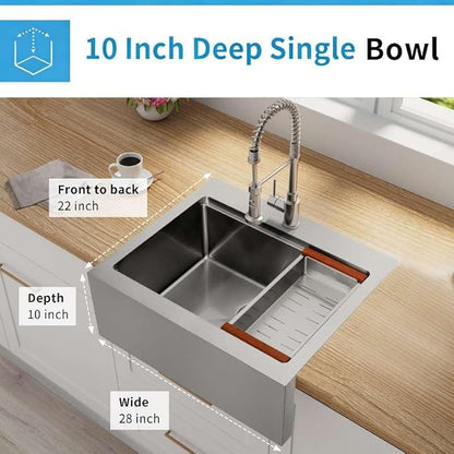 28 Inch Farmhouse Sink, 16 Gauge 304 Stainless Steel Farm Sinks, Drop In Topmount Single Bowl Workstation Sink with all Accessories, 28" x 22" x 10" Deep Kitchen Sink