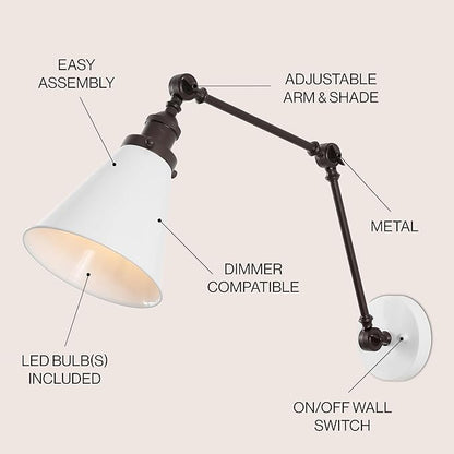 JONATHAN Y 7" White/Oil Rubbed Bronze Classic Industrial Metal Adjustable Arm LED Wall Sconce for Bedside Reading, Farmhouse Swing Arm Wall Lamp with Metal Shade, Hardwired (JYL7462C)