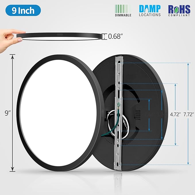 4 Pack LED Flush Mount Ceiling Lights, 9 Inch Round Black Ceiling Light, 20W 120V 5CCT 2700/3000/3500/4000/5000K, Dimmable Slim Flush Mount Light, Close to Ceiling Light Fixtures for Bedroom, Hallway