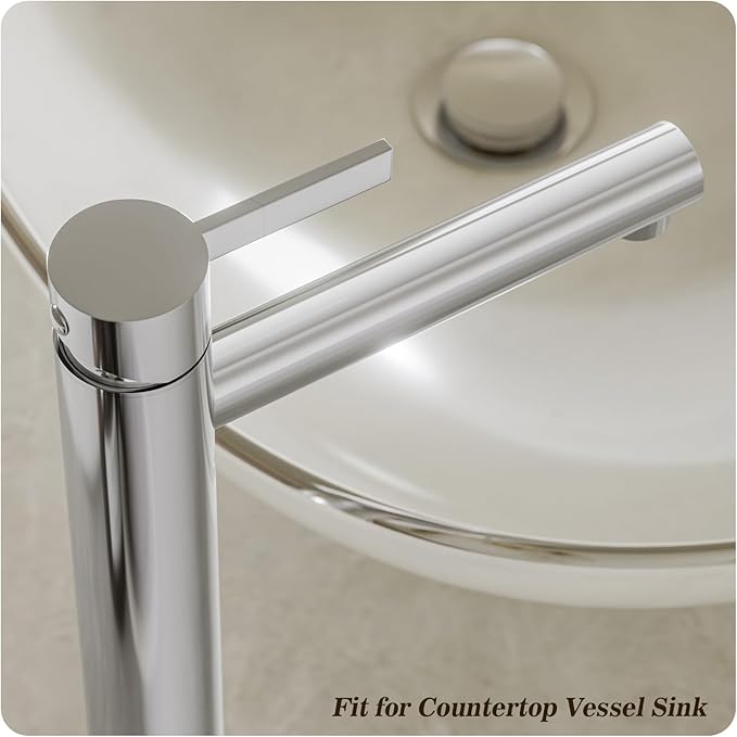 Phiestina Chrome 1 Hole Tall Bathroom Vessel Sink Faucet, Single Hole Single Handle High Bathroom Faucet, with Pop Up Drain and Water Supply Line,FH01-C-V