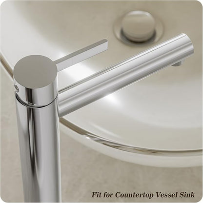 Phiestina Chrome 1 Hole Tall Bathroom Vessel Sink Faucet, Single Hole Single Handle High Bathroom Faucet, with Pop Up Drain and Water Supply Line,FH01-C-V