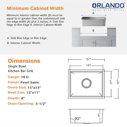 13 Inch Undermount Bar Sink, ORLANDO 13'' x 15'' Stainless Steel Bar Sink 18 Gauge Handmade Undermount Single Bowl Small Kitchen Sink with Strainer