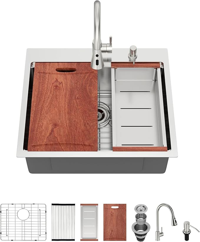 Drop In Kitchen Sink with Faucet Combo 25x22 Drop In 16 Gauge Stainlee Steel Single Bowl Workstation Kitchen Sinks Large Deep Round Corner Handmade Overmount Topmount Sink Basin