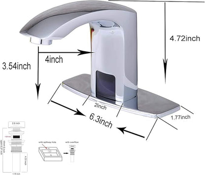 Automatic Bathroom Sink Faucet with Hole Cover Plate Sensor Touchless Dual-Powered Chrome Vanity Faucets Hands Free Water Tap with Control Box and Temperature Mixer Matching Pop Up Drain with Overflow