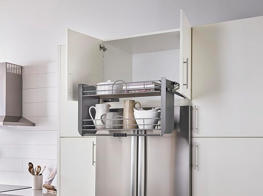 Rev-A-Shelf 24" Pull Down Heavy Duty Shelf Organizer for Tall Kitchen/Bathroom, Dual Tier Wall Mounted Pantry Storage, Chrome, 5PD-24FOG
