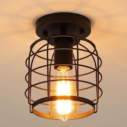 Create For Life® Industrial Vintage Flush Mount Ceiling Light,Rustic Metal Cage Semi Flush Mount Ceiling Lamp Fixture for Hallway Stairway Kitchen Garage, E26, Black Finish,2 Pack