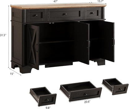 BestHaped Farmhouse Buffet Cabinet with Storage, Black Sideboard Buffet Cabinet with Adjustable Shelves & 3 Drawers, Buffet Table Coffee Bar Wine Bar Storage for Kitchen & Living Room, 47 Inch