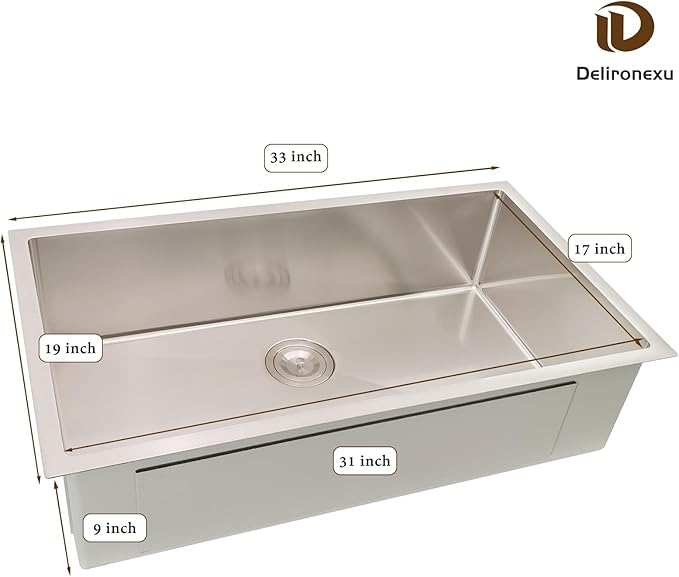 33x19 Undermount Kitchen Sink, Delironexu 33 Inch Undermount Kitchen Sink, 16 Gauge 304 Stainless Steel Single Bowl Kitchen Sink, Large 33x19 Kitchen Sink with Accessories