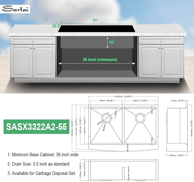 Sarlai 33 Farmhouse Sink Double Bowl - 33x22 Inch Farm Kitchen Sink Ledge Workstation Low Divide Two Basin 50/50 16 Gauge Stainless Steel Apron Front Farmer Sinks with Accessories