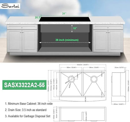 Sarlai 33 Farmhouse Sink Double Bowl - 33x22 Inch Farm Kitchen Sink Ledge Workstation Low Divide Two Basin 50/50 16 Gauge Stainless Steel Apron Front Farmer Sinks with Accessories