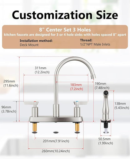 Kitchen Faucet with Sprayer 2 Handle Kitchen Sink Faucets 8 Inch Centerset 3 Hole with Supply Lines Brushed Nickel