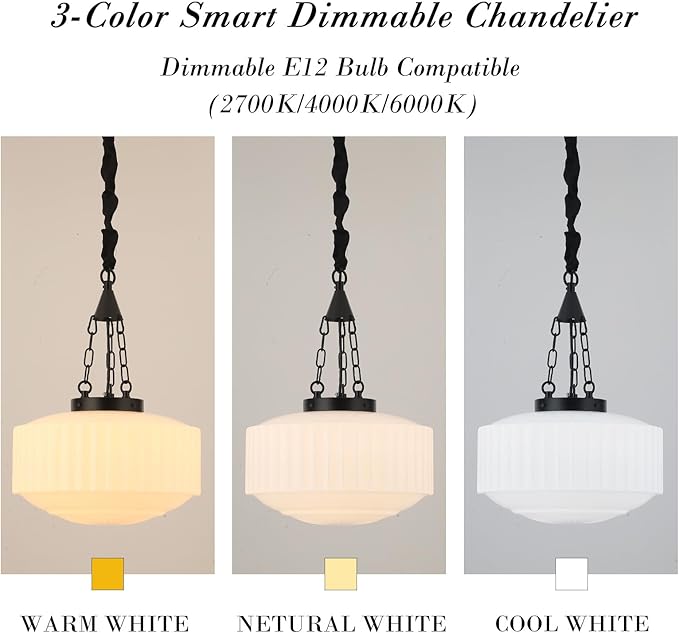 Schoolhouse Pendant Light, 14inch Milk Glass Pendant Light Vintage Black Chandelier Adjustable Height Mid Century Modern Pendant Lighting for Kitchen Island Dining Room Foyer Hallway