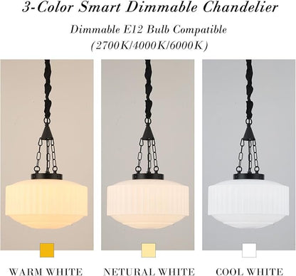 Schoolhouse Pendant Light, 14inch Milk Glass Pendant Light Vintage Black Chandelier Adjustable Height Mid Century Modern Pendant Lighting for Kitchen Island Dining Room Foyer Hallway
