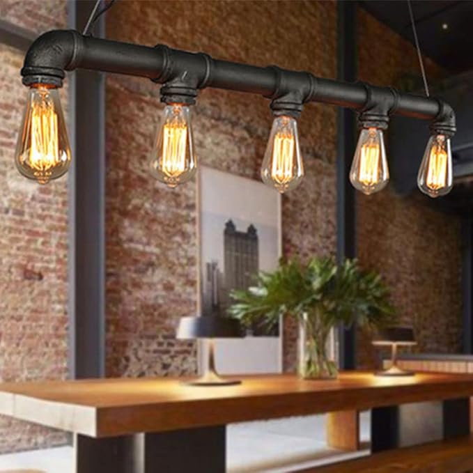 25.6" Water Pipe Ceiling Light, 5-Light Retro Chandelier Steampunk Pendant Lamp Fixture Farmhouse Vintage Pendant Lamp, for Coffee Shop Restaurant Hallway Porch Corridor