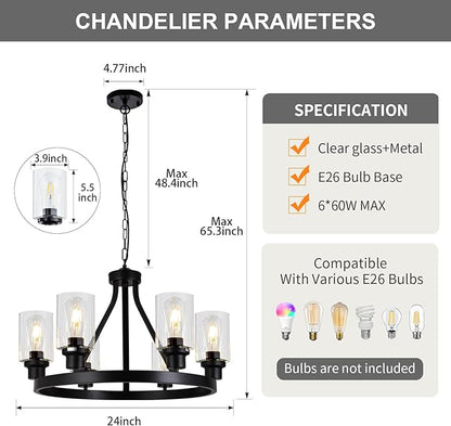 6-Light Farmhouse Chandelier Wagon Wheel Pendant Light Fixtures for Dining Room Living Room Island Kitchen Foyer Bedroom, Modern Black Industrial Rustic Adjustable Height Metal E26 Base
