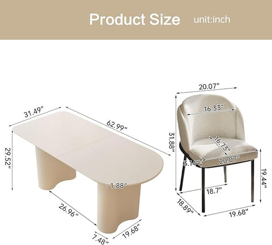 Guyii 62.99" Cream White Dining Table Set with 6 Chairs, Modern Kitchen Table, Indoor Use for Kitchen, Dining Room, Living Room, Small Spaces