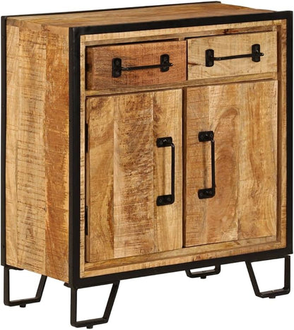 Solid Mango Wood Sideboard Cabinet, Unique Decorative Patterns, 25.6 x 11.8 x 27.6 Inches, Rustic Brown Finish, Living Room Storage Furniture, Easy Assembly Kitchen Furniture
