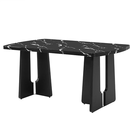 63" Faux Marble Island Table, Rustic Dining Table with 350Lbs Capacity, Farmhouse Dining Table with Geometric Legs for Family Meals, Black