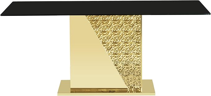 70" Rectangle Glass Dining Table for 6, Modern Luxury Kitchen Table with Black Tempered Glass Top, Gold Stainless Steel Mirrored Base with Carved Details