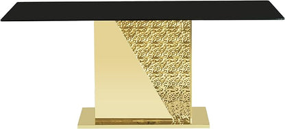 70" Rectangle Glass Dining Table for 6, Modern Luxury Kitchen Table with Black Tempered Glass Top, Gold Stainless Steel Mirrored Base with Carved Details