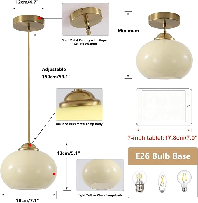 KCO Lighting Gold Kitchen Island Lighting Small Yellow Glass Globe Pendant Light Fixture Brass Hanging Light Fixture for Dining Room Entryway Hallway
