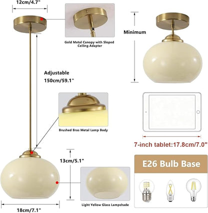 KCO Lighting Gold Kitchen Island Lighting Small Yellow Glass Globe Pendant Light Fixture Brass Hanging Light Fixture for Dining Room Entryway Hallway