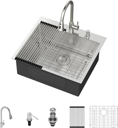 25 Drop In Kitchen Sink With Faucet 25x22 Inch Topmount Sink With Faucet Combo Workstation 16 Gauge Stainless Steel Single Bowl Topmount Basin with All Accessories