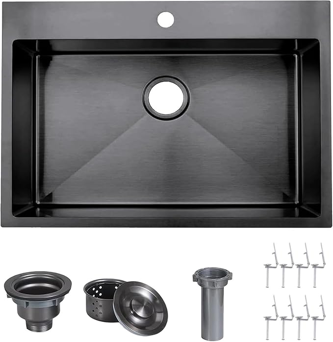 VAPSINT 28 Inch Black Drop In Kitchen Sink, 28x18 Inch Top Mount 16 Gauge Comemercial Stainless Steel Gunmetal Black Handmade Single Bowl Sink for Kitchen with Drain Strainer