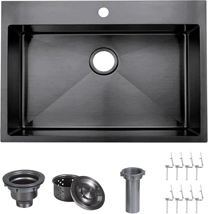 VAPSINT 28 Inch Black Drop In Kitchen Sink, 28x18 Inch Top Mount 16 Gauge Comemercial Stainless Steel Gunmetal Black Handmade Single Bowl Sink for Kitchen with Drain Strainer