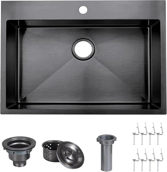 VAPSINT 28 Inch Black Drop In Kitchen Sink, 28x18 Inch Top Mount 16 Gauge Comemercial Stainless Steel Gunmetal Black Handmade Single Bowl Sink for Kitchen with Drain Strainer