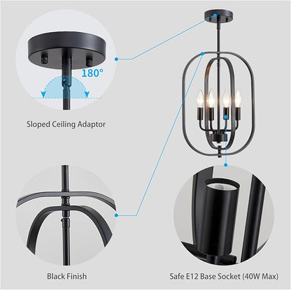 XINGQI Modern Chandeliers for Dining Room, 12.2" Farmhouse Rustic Geometric Pendant Lighting Fixture Metal Black 4-Light Ceiling Lamp for Entryway Bedroom Hallway Foyer Kitchen Office Bar