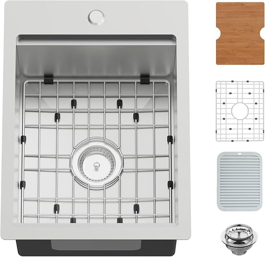 15x20In Kitchen And Bar Workstation Sink- Small Stainless Steel Drop In Single Bowl Bar Sink Built-in Ledge Topmount Workstation Sink With Accessory-SS Grid Cutting Board,Silicon Mat,Drain Assembly