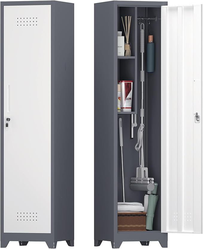 IRONFFICE Storage Cabinet,Slim Broom Closet Storage Cabinets with Lockable Doors,Narrow Utility Cabinets with Hanging Rod,Tall Broom Closet for Laundry,Home Office,Grey-White
