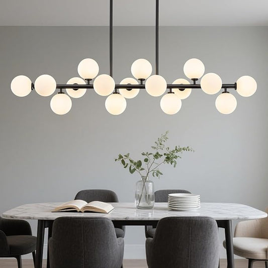 56 Inch Black Linear Chandeliers for Dining Room, Kitchen Island, Living Room, 16-Light Mid Century Modern Light Fixture Over Table, Large Milk White Glass Globe Sputnik Bubble Chandelier