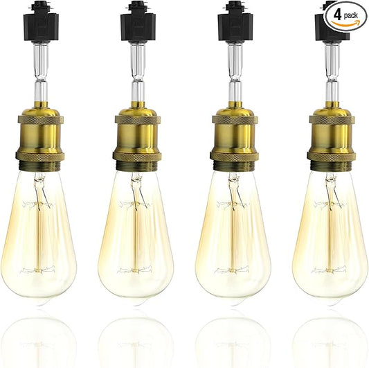 E26 Track Light Heads H Type Track Lighting Heads Direction Adjustable LED Track Lights Fixture Dimmable for Kitchen, Retro Vintage Style, Bulbs Not Included - Pack of 4(Brass)