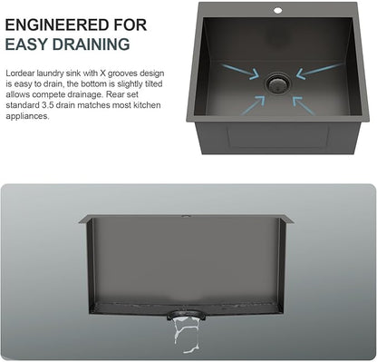 Lordear 25 Drop In Laundry Sink Black 25"x22"x12" Deep Laundry Utility Sinks Topmount Single Bowl Sink 16 Gauge Stainless Steel Laundry Room Sinks