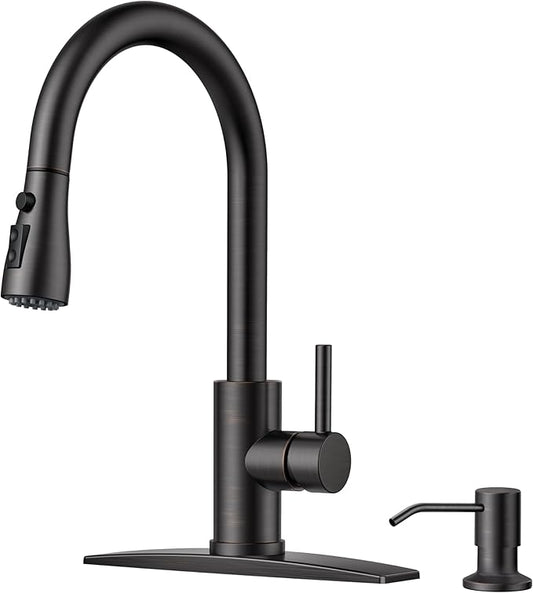 FORIOUS Kitchen Faucet with Soap Dispenser and Pull Down Sprayer, Bar High Arc Single Handle Classic 3 Modes Stainless Steel Faucet for Kitchen Sink Farmhouse RV Laundry Camper, Oil Rubbed Bronze