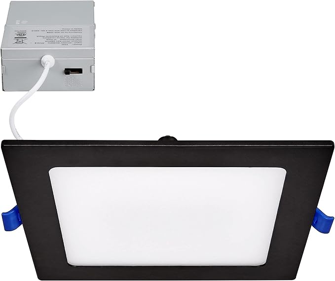 Maxxima 6 in. Square Ultra Thin Recessed LED Downlight 1000 Lumens, Black Trim, Color Selectable 2700K/3000K/3500K/4000K/5000K, Canless IC Rated, Slim, Dimmable, J-Box Included