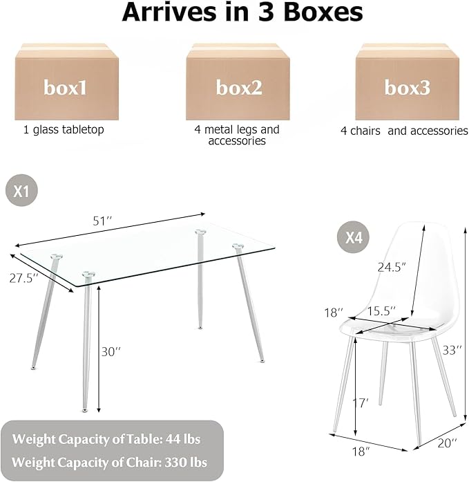 Tangkula Dining Table Set for 4, Modern Kitchen Table and Chairs, Glass Table and Chairs Set of 4 for Small Living Room, Kitchen