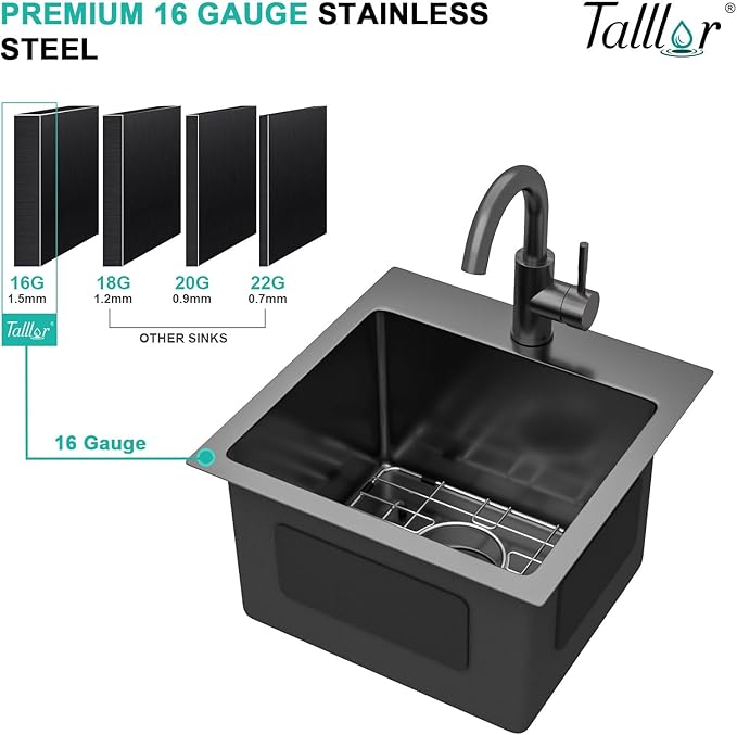 15x15 Inch Black Drop In Bar Sink with Faucet, 16 Gauge 304 Stainless Steel Single Bowl Wet Prep Sink for Kitchen Bar, RV, Outdoor, and Boat, Gunmetal Black #TLT-0017