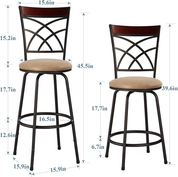 VECELO Bar Stools Set of 2, 24/29" Height Adjustable Barstool,Swivel Counter Stool with Upholstered Seat/Footrest/Back,Steel Bistro Pub Chairs, Island Chairs,Wood Top Backrest