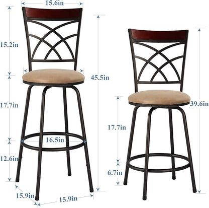 VECELO Bar Stools Set of 2, 24/29" Height Adjustable Barstool,Swivel Counter Stool with Upholstered Seat/Footrest/Back,Steel Bistro Pub Chairs, Island Chairs,Wood Top Backrest