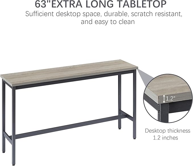GNIXUU 4 Piece Long Bar Table and Chairs Set, Industrial Counter Height Dining Table Set with Sofa Bar Table and 3 Upholstered Stools with backrest for Breakfast Nook Living Room Small Space(Grey)