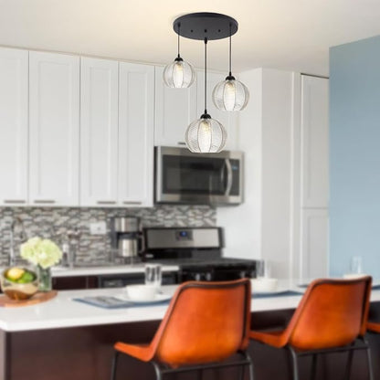 mid Century Pendant Lights Kitchen Island Chandelier Clear Black Pendant Light Pumpkin Design with Ribbed Glass Shade Modern Adjustable Cord Glass Ceiling Pendant Light Dining Room